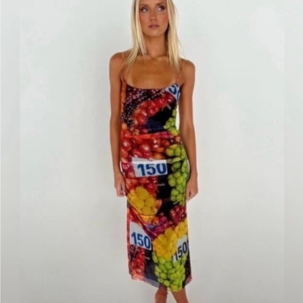 NEW Zara Fruit Stand Print Mesh Ruched Midi Bodycon Dress Size Medium (M) - Picture 2 of 6